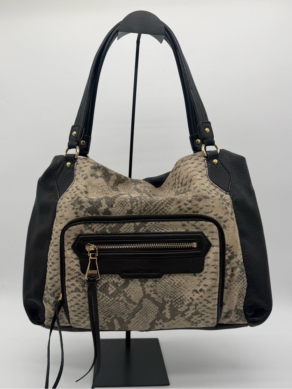 Aimee Kestenberg Tuscany Leather Suede Snake Print Hobo Shoulder Bag Black
